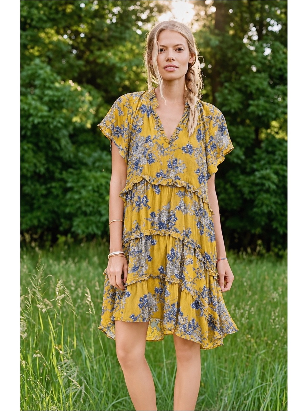 Anthropologie Woman Mustard Yellow Floral Ruffle Tiered Relax Mini Dress SMALL